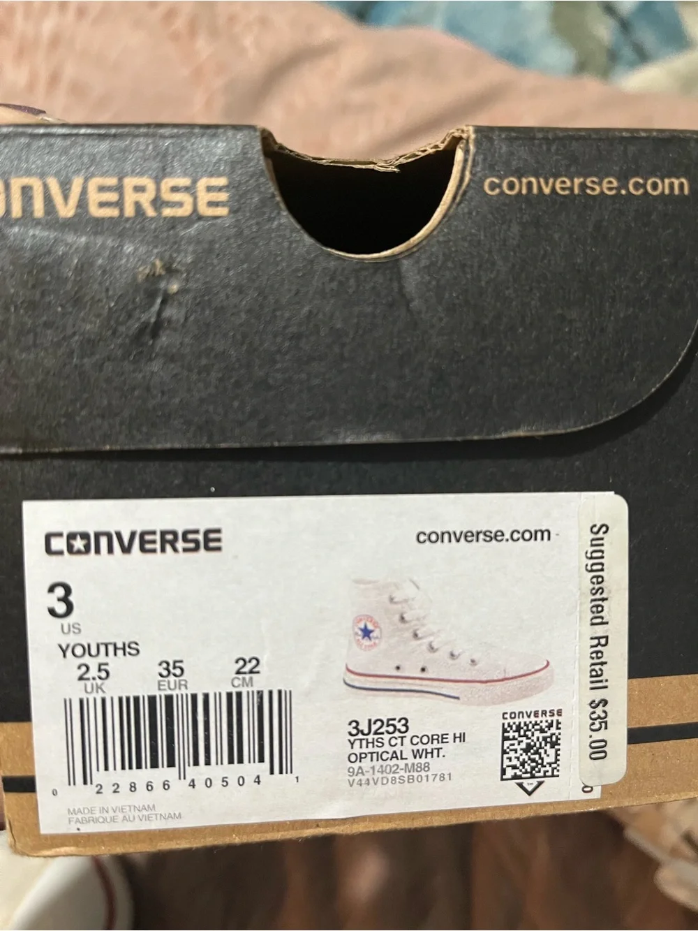 Converse Cream/Off-White High Top Kids Sneakers with Red & Navy Stripe